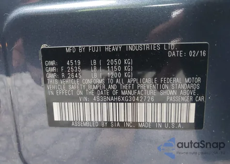 2016 Subaru Legacy 2.5I Premium z USA, uszkodzony, nr VIN 4S3BNAH6XG3042726